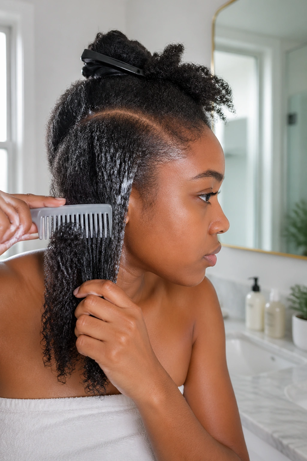 Close-up of a real person detangling stretched hair in a bright bathroom