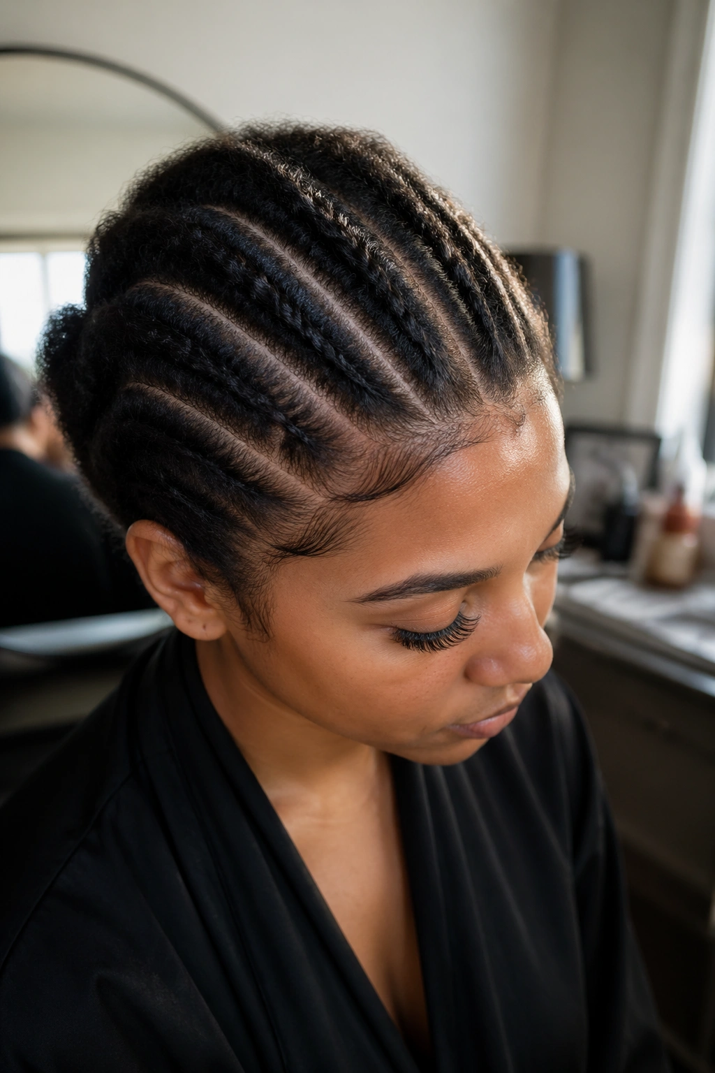 Hair prep close-up for blonde stitch install.