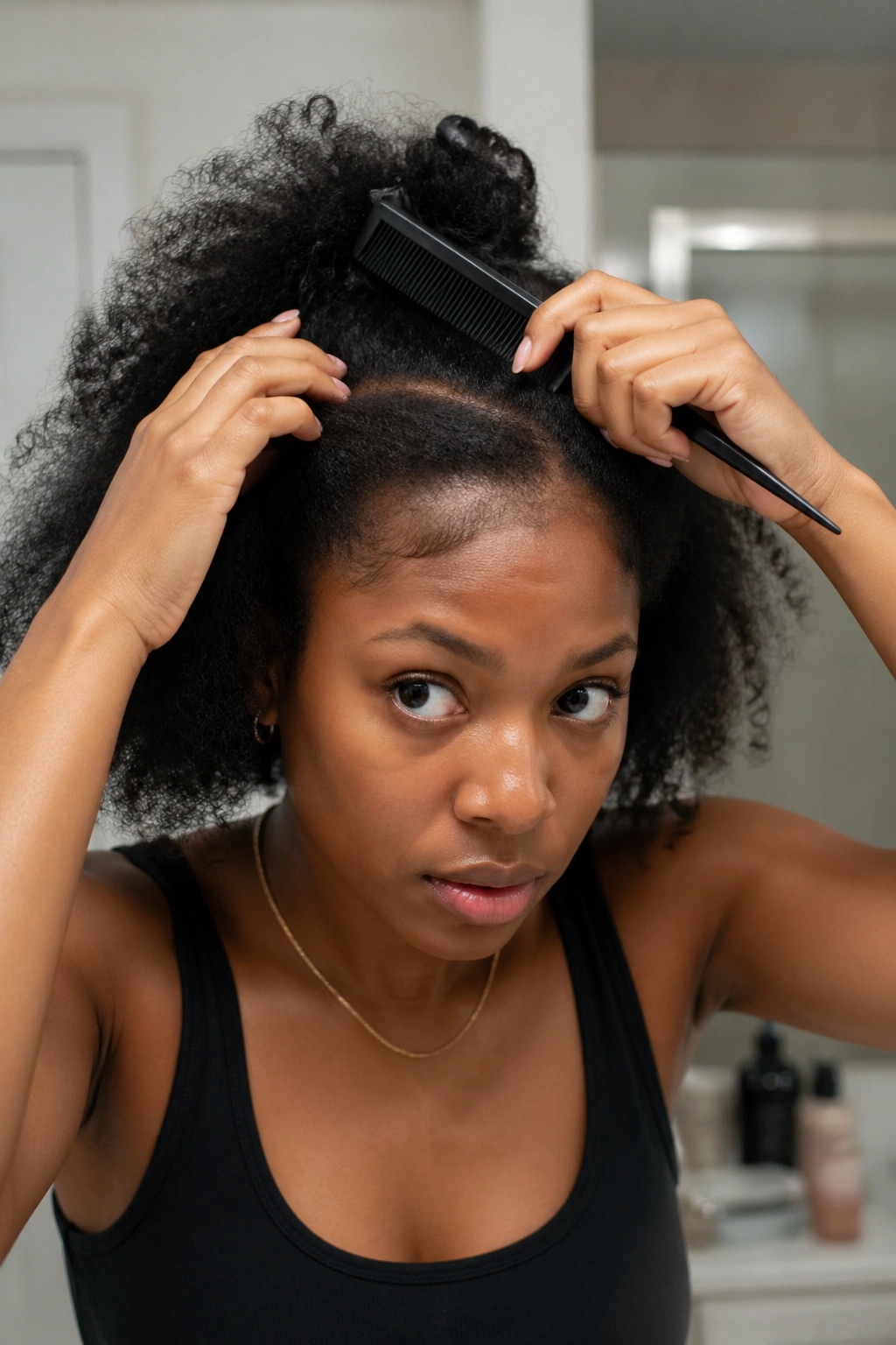 Close-up of person prepping hair for half cornrow style with detangling and stretching of crown area