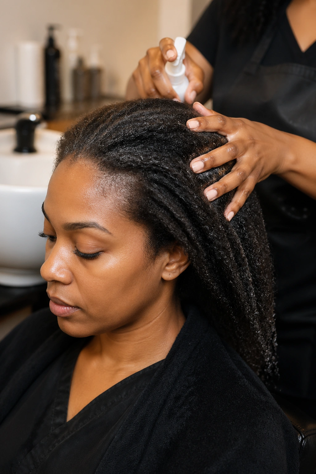 Close-up of damp, detangled hair being prepped by a stylist in a salon