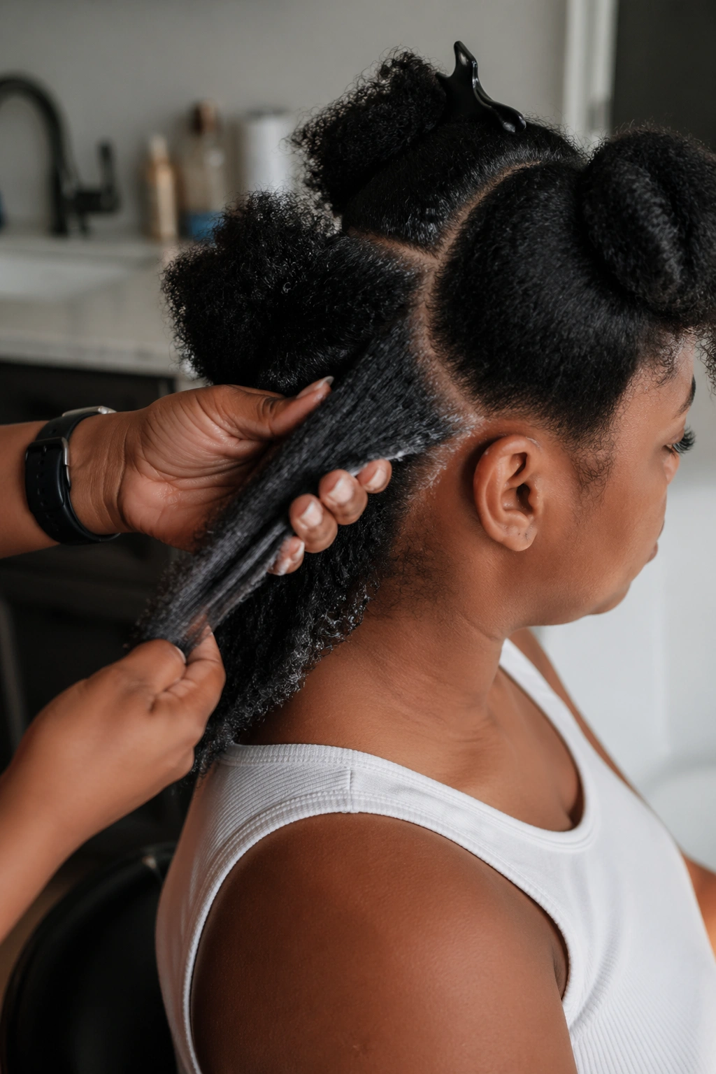 Close-up of hands detangling and applying leave-in conditioner to stretched hair in bathroom