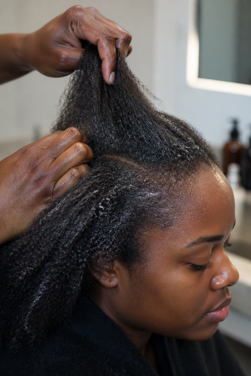 Close-up of damp stretched hair during pre-braiding prep on a real person