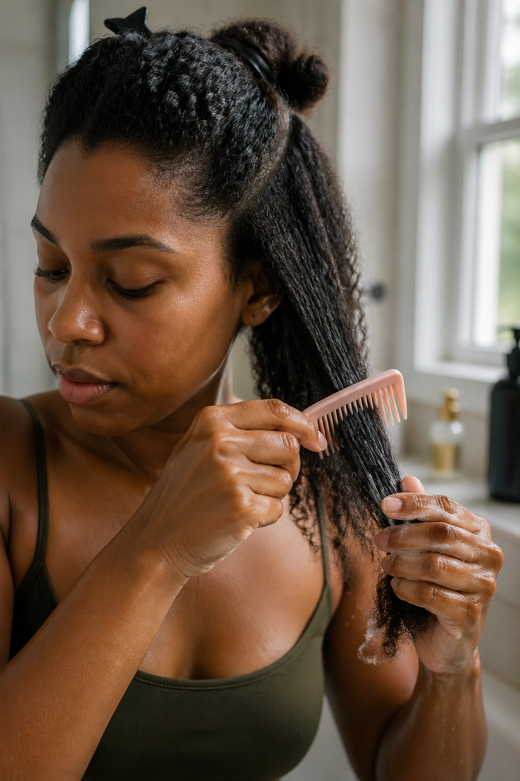 Portrait of a real woman preparing her hair for goddess cornrows in a bathroom.