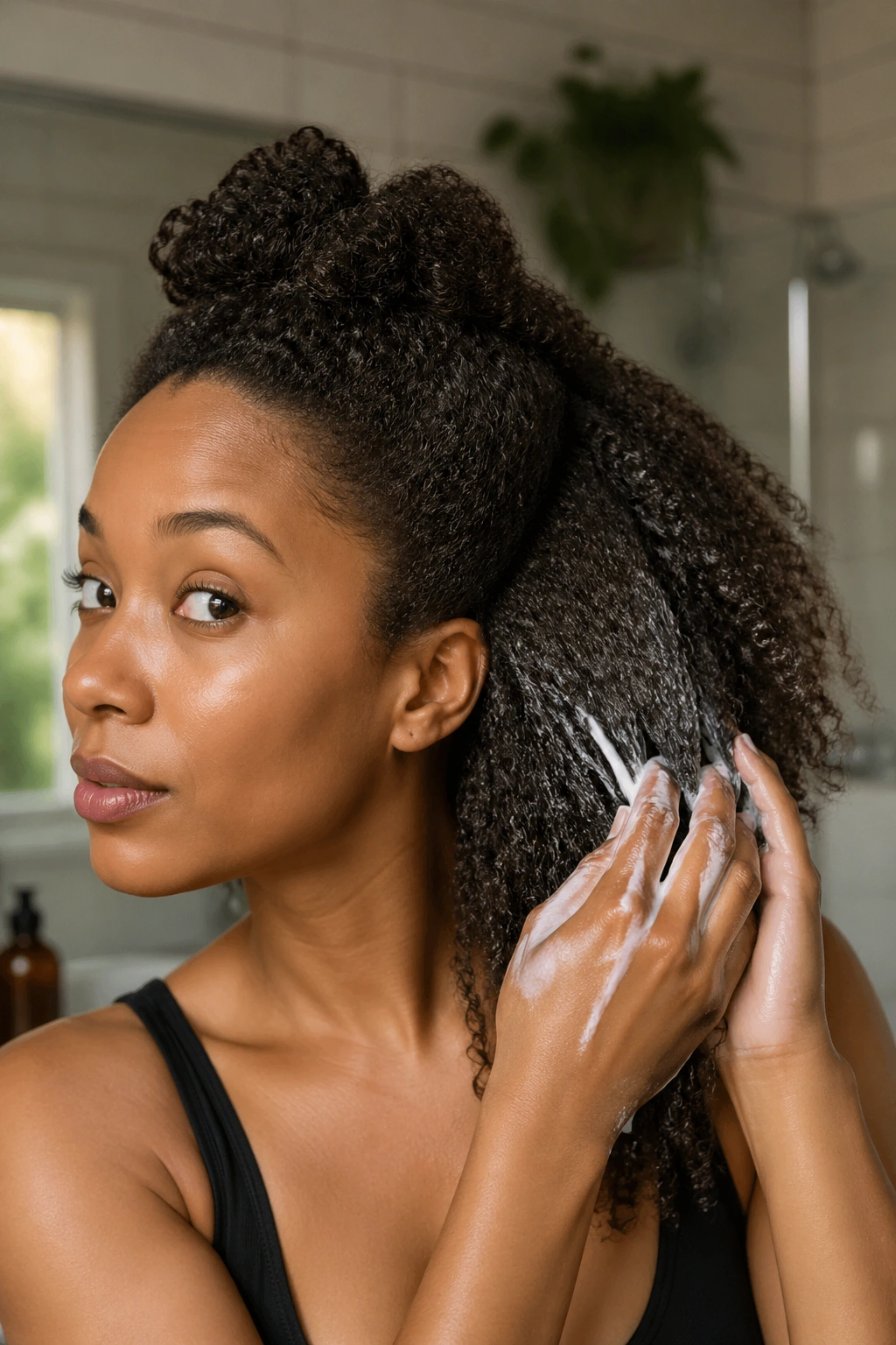 Close-up of a person preparing hair for half-up, applying product to defined curls.
