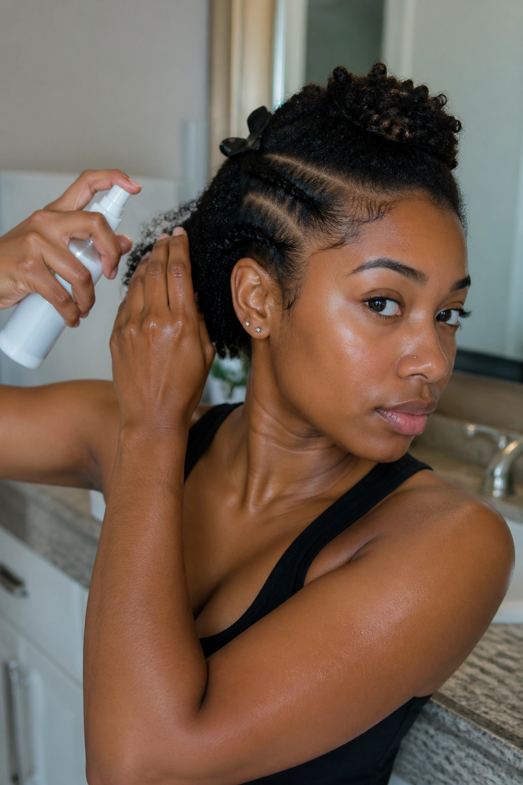 Close-up of hair prep process on damp short hair in bathroom