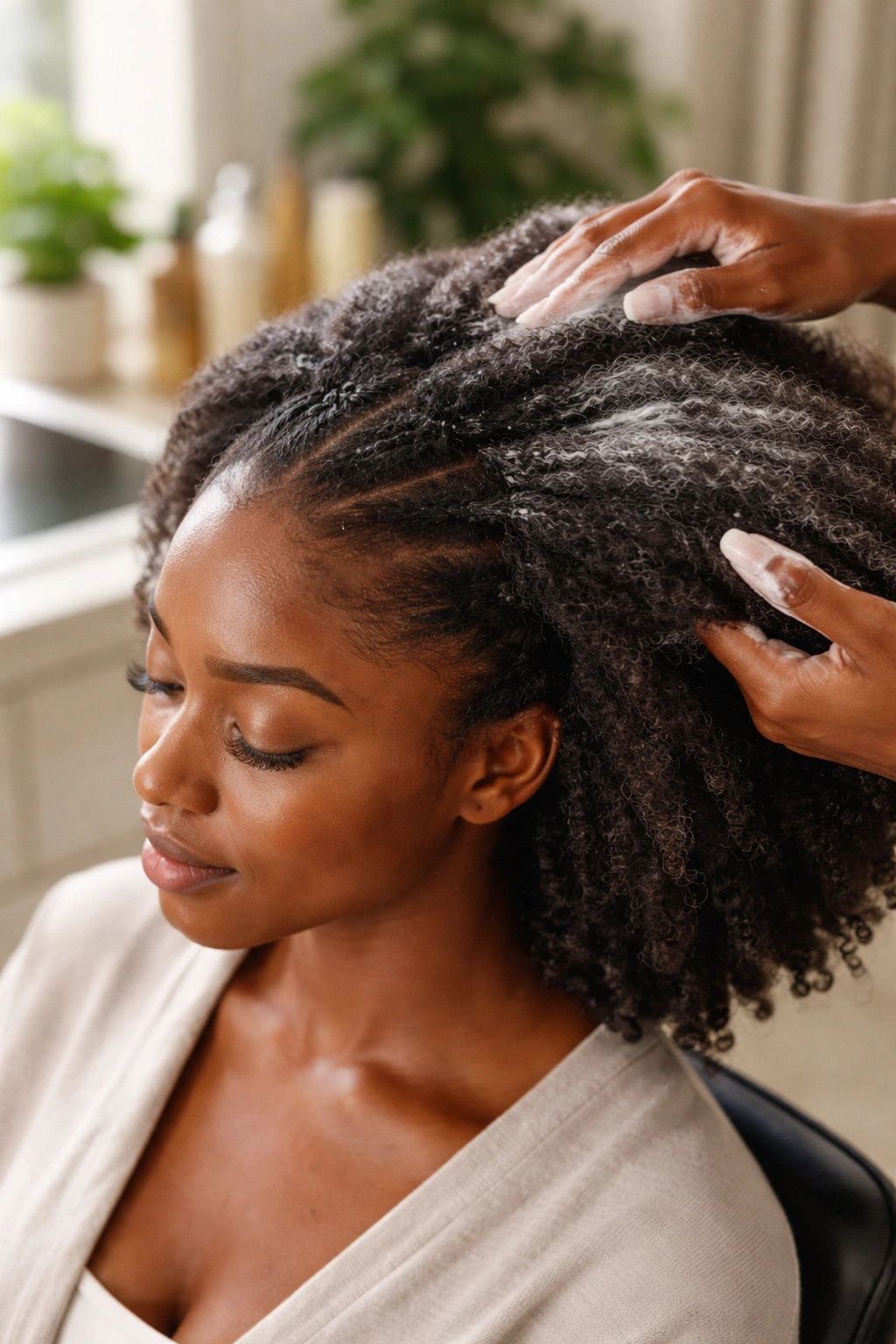 Real person prepped for Ghana cornrows with detangled hair and leave-in conditioner