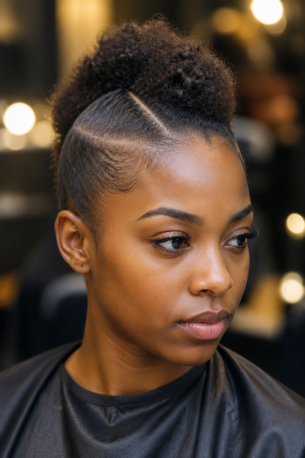 Close-up of prepped hair for cornrow mohawk on a real woman in a salon