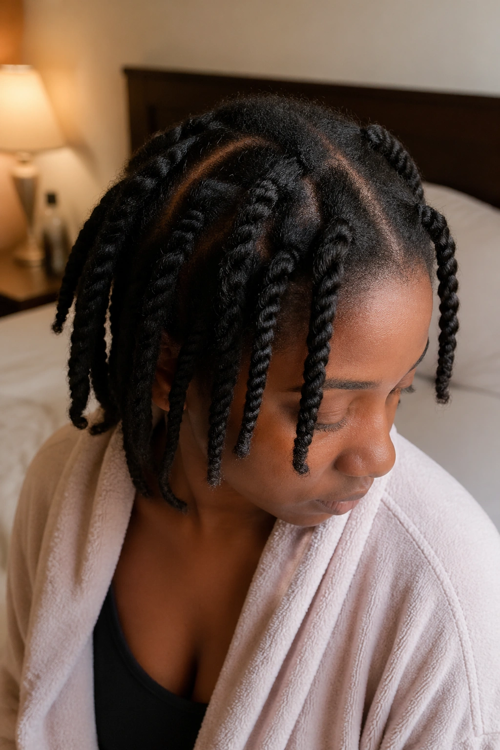 Close-up of detangled hair in loose twists ready for cornrow installation.