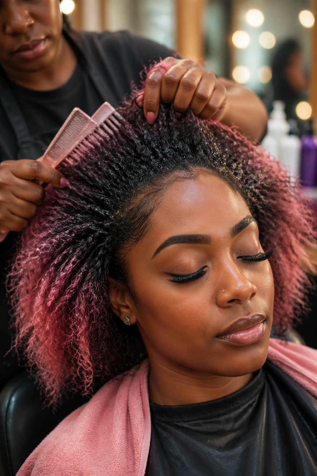 Close-up of a real woman's hair being prepped by a stylist in a salon.