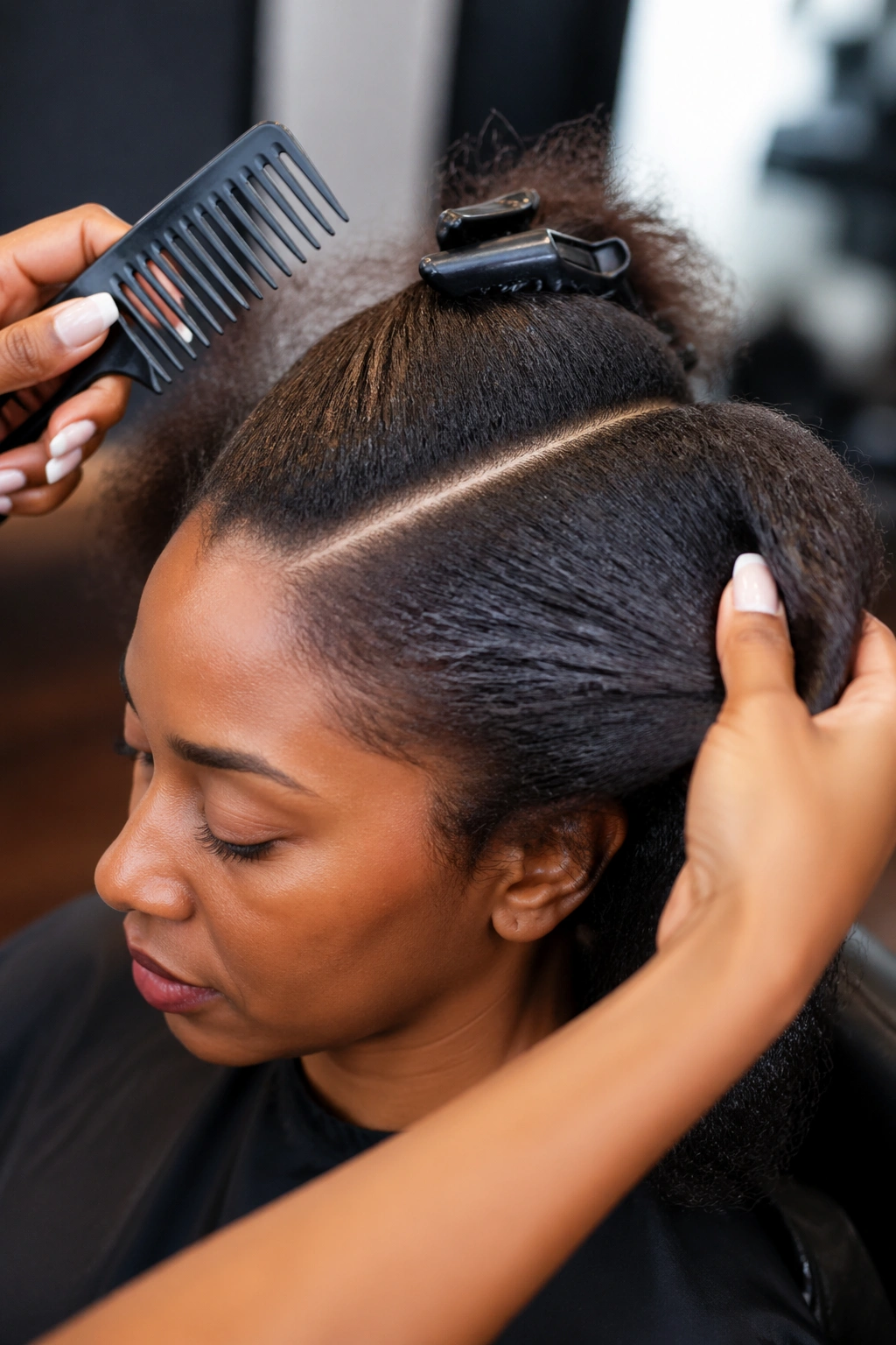 Close-up of head during hair prep for side cornrows in a salon