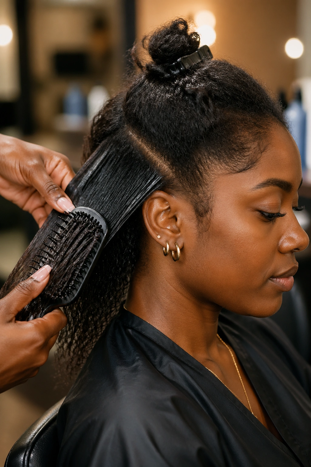 Close-up of a person prepping hair for stitch cornrows with detangling brush