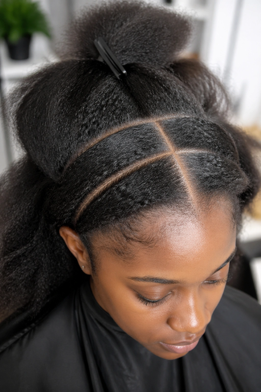 Close-up of stretched hair with clean parts ready for stitch braiding on a real person.