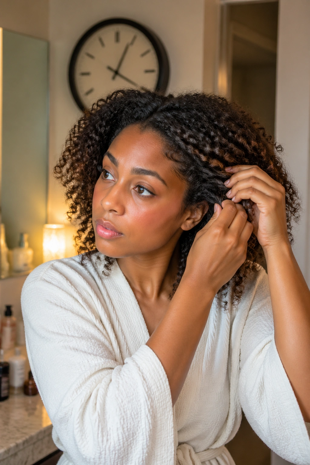 Close-up of a woman styling curls in a softly lit bathroom with a clock in background