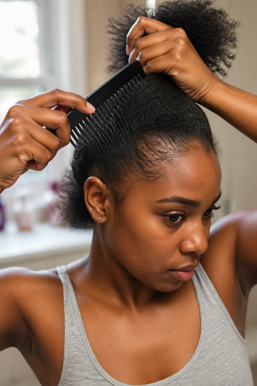 Close-up of stretched hair during prep for cornrow updo on a real person