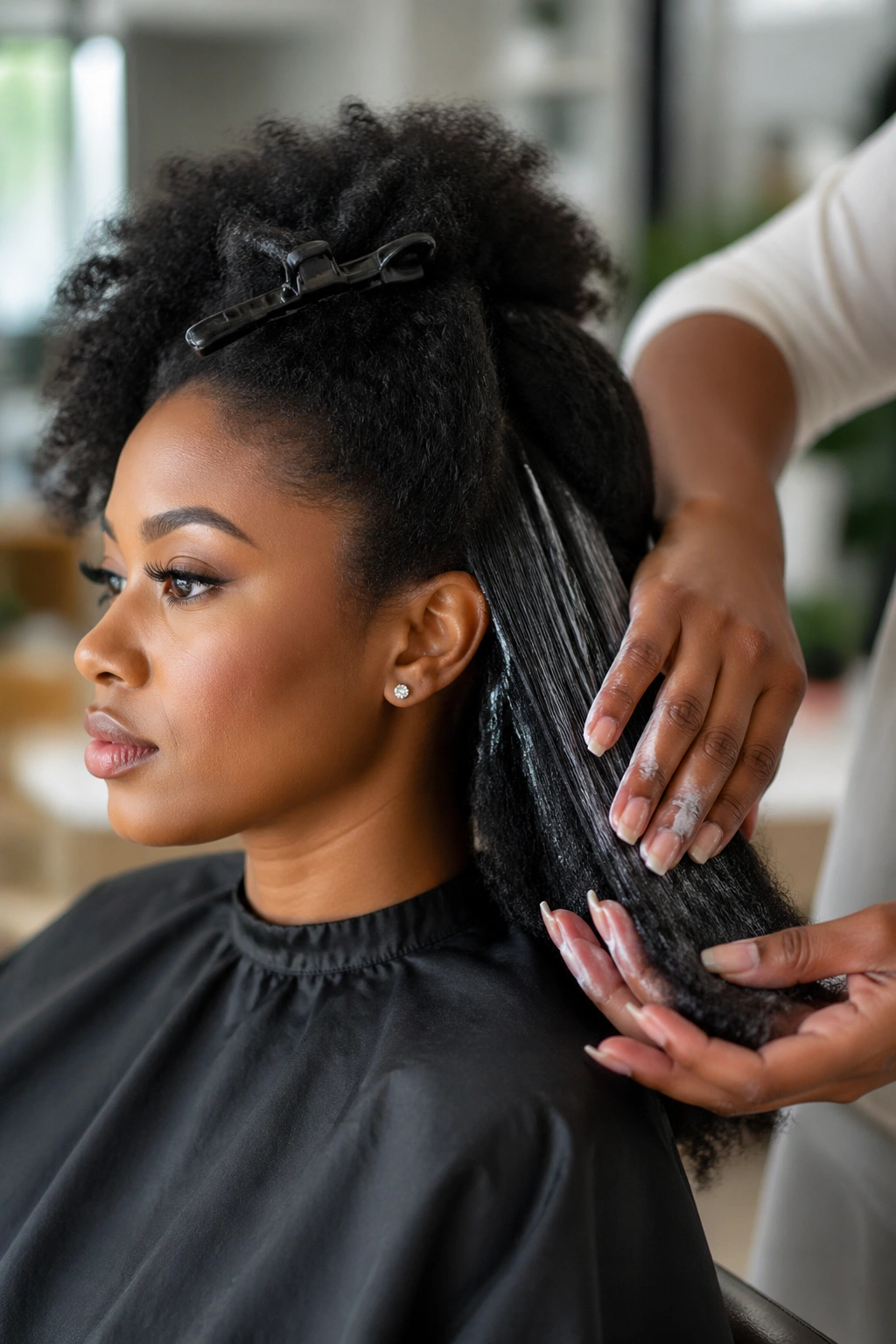 Close-up of hair prep process with stretched hair in a salon.