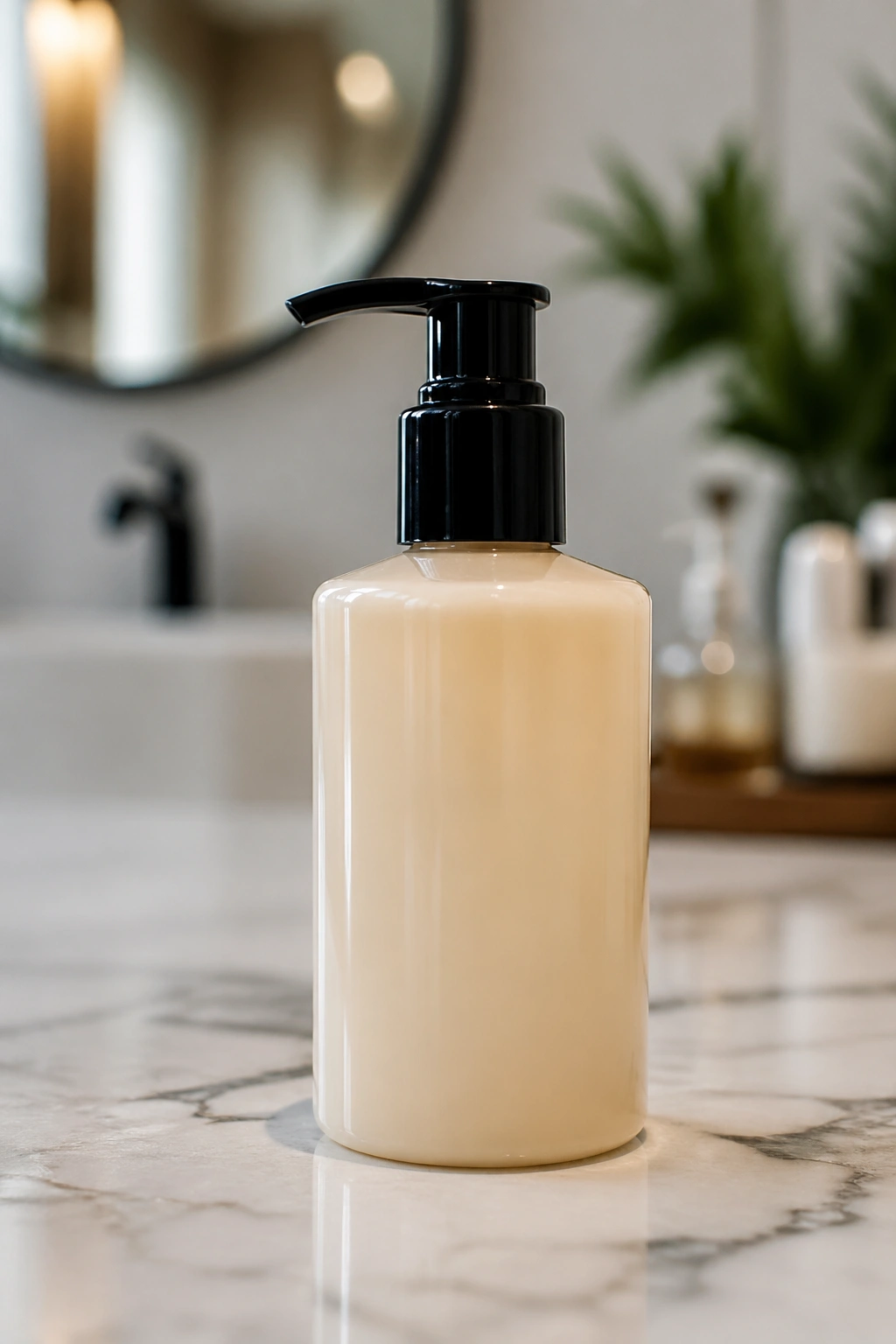 Ul unlabeled bottle of hair product on vanity for wedding-ready natural hair