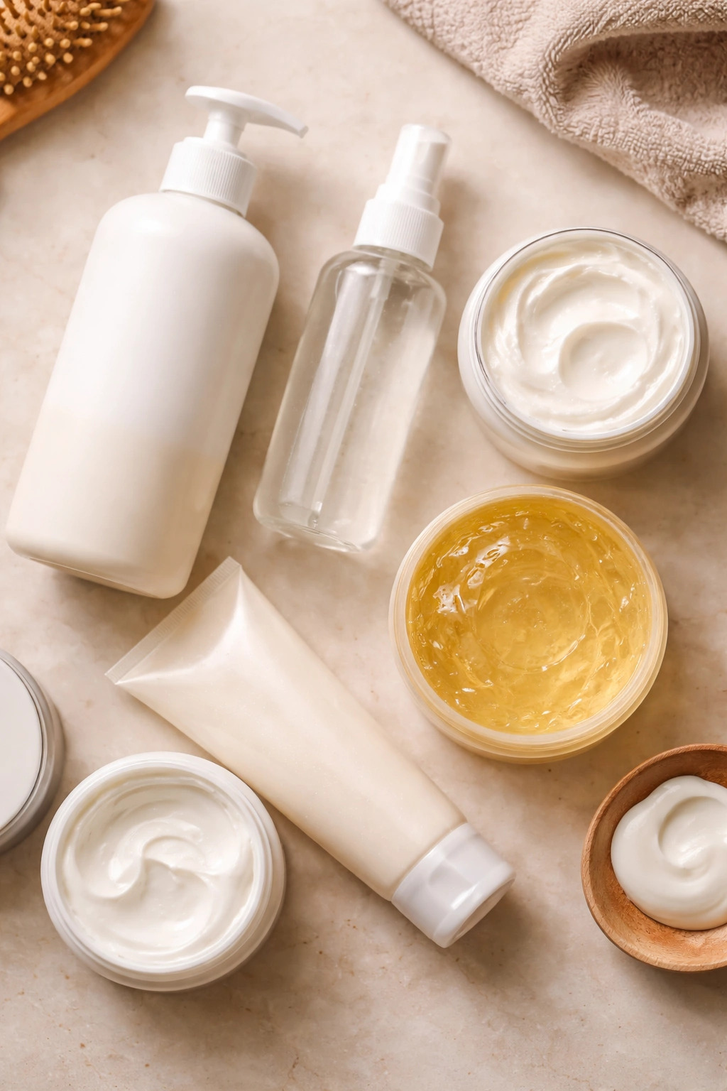 Top-down view of plain unlabeled hair product containers