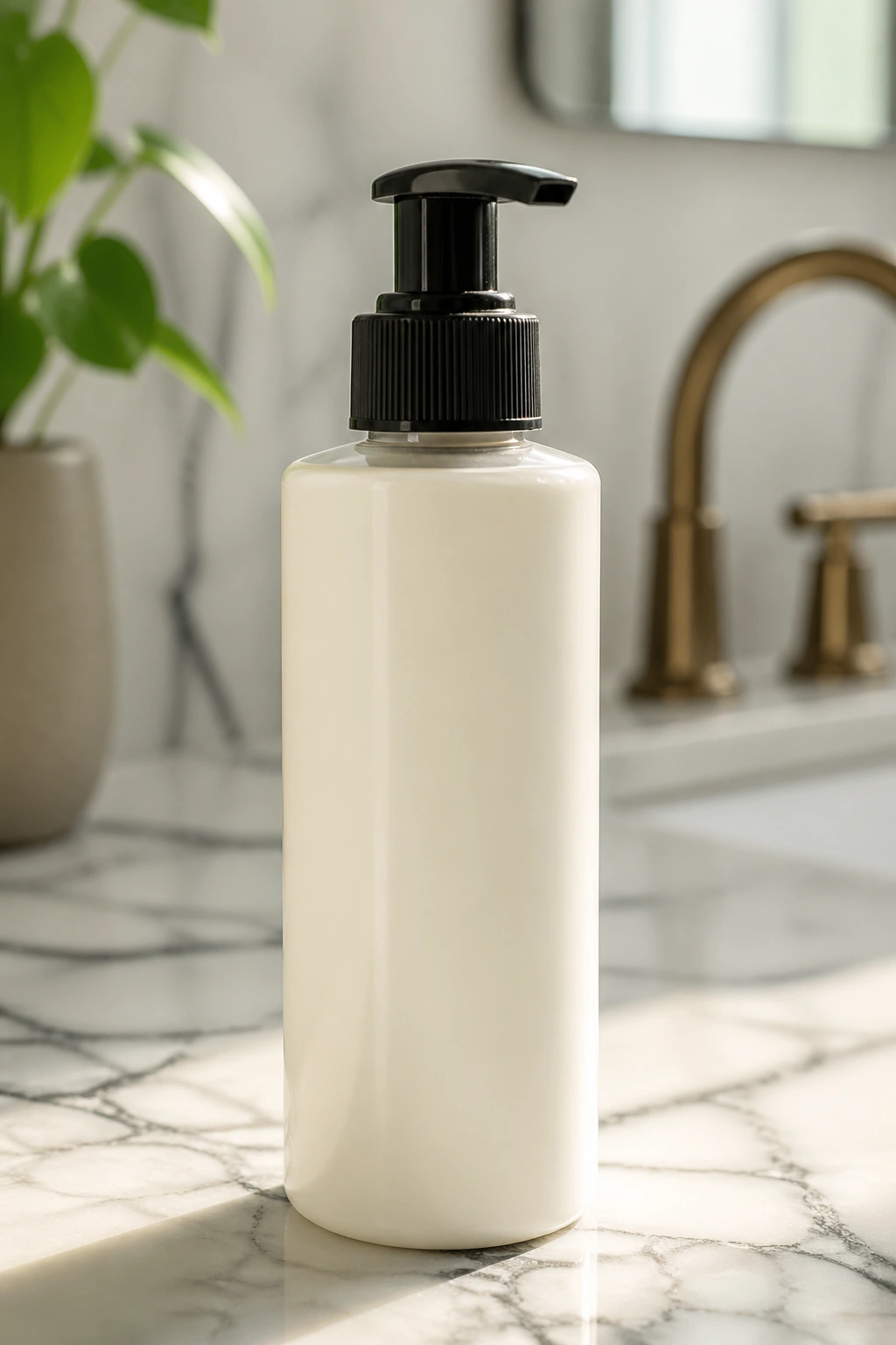 Close-up of a curling cream bottle on a bathroom counter, dominating the frame.