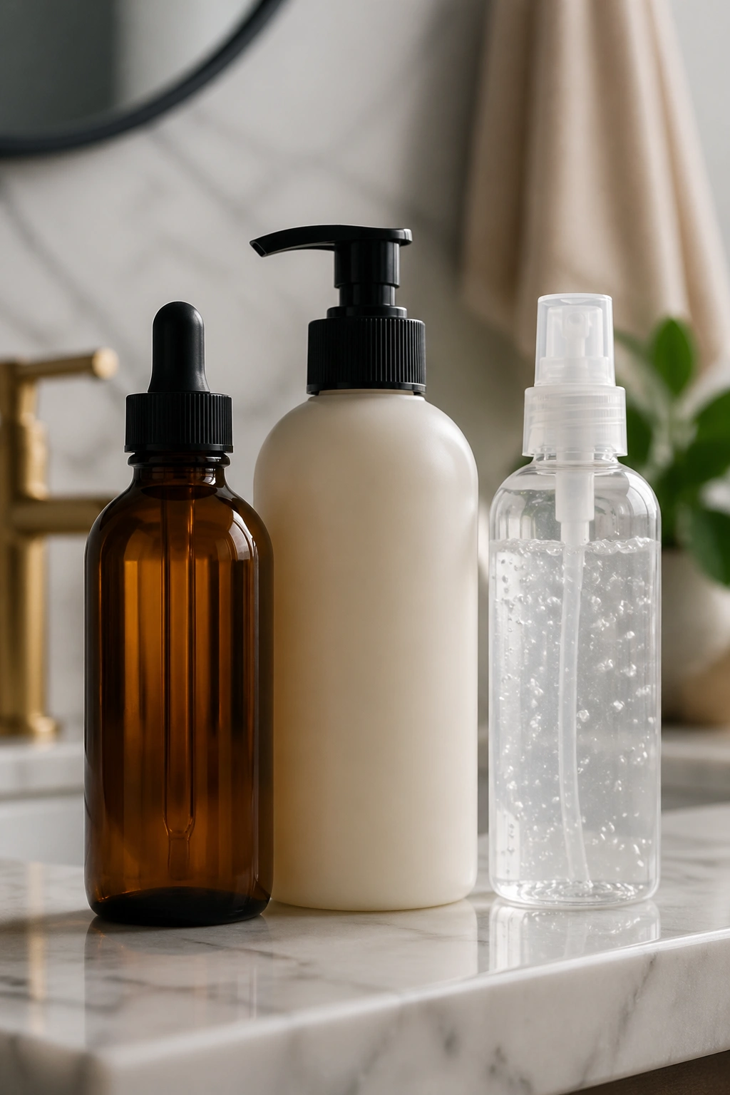 Unlabeled hair product bottles on a marble counter