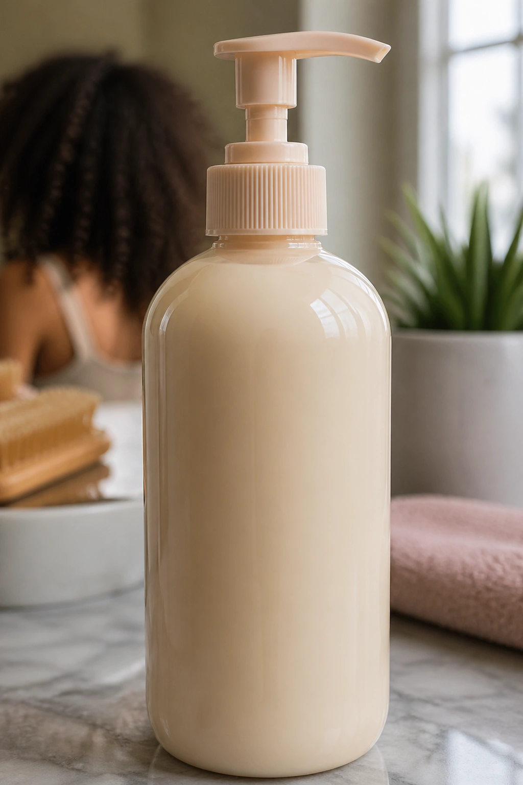 Close-up of an unmarked hair care bottle on a vanity