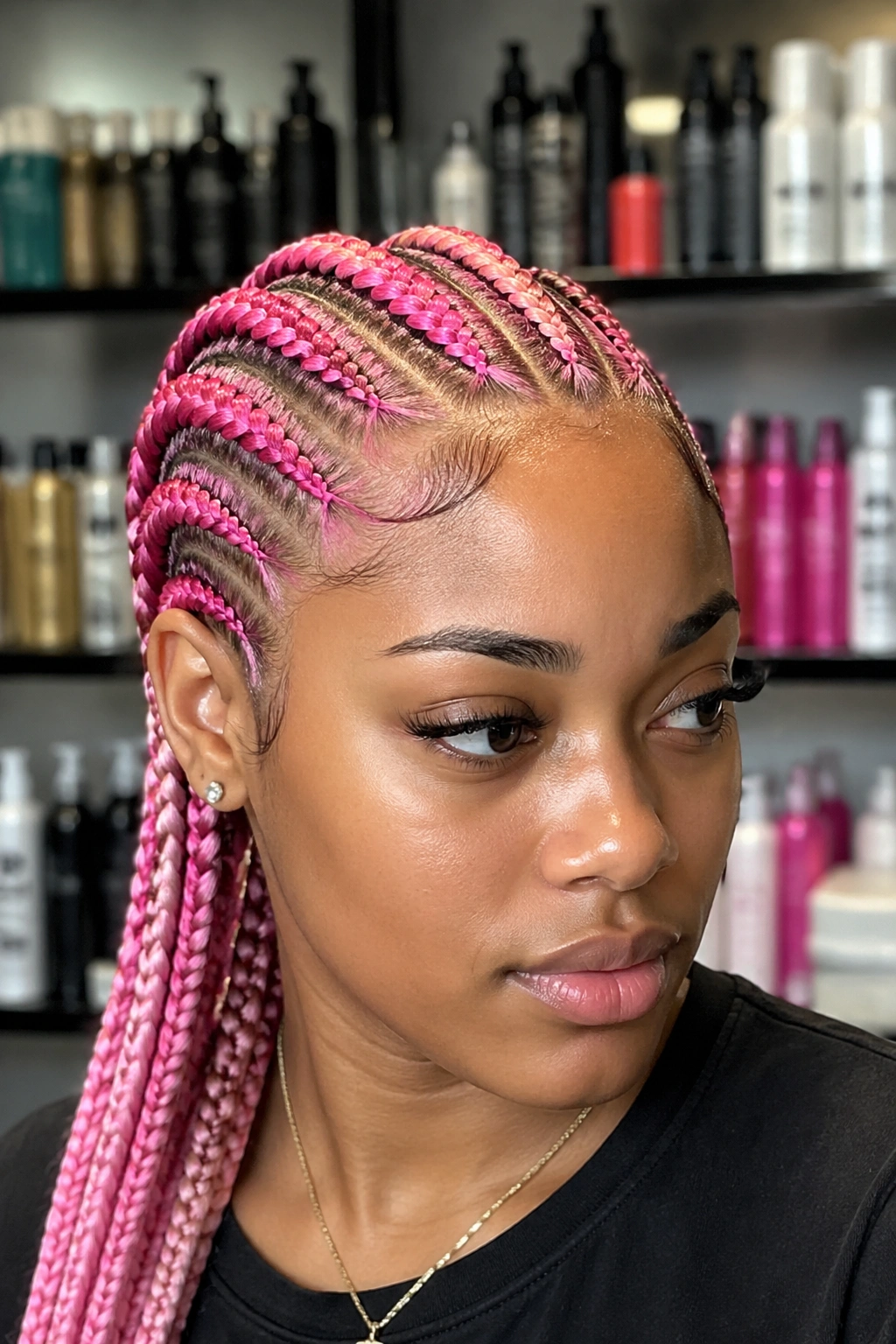 Portrait of a woman with pink cornrows; salon products blurred in background.