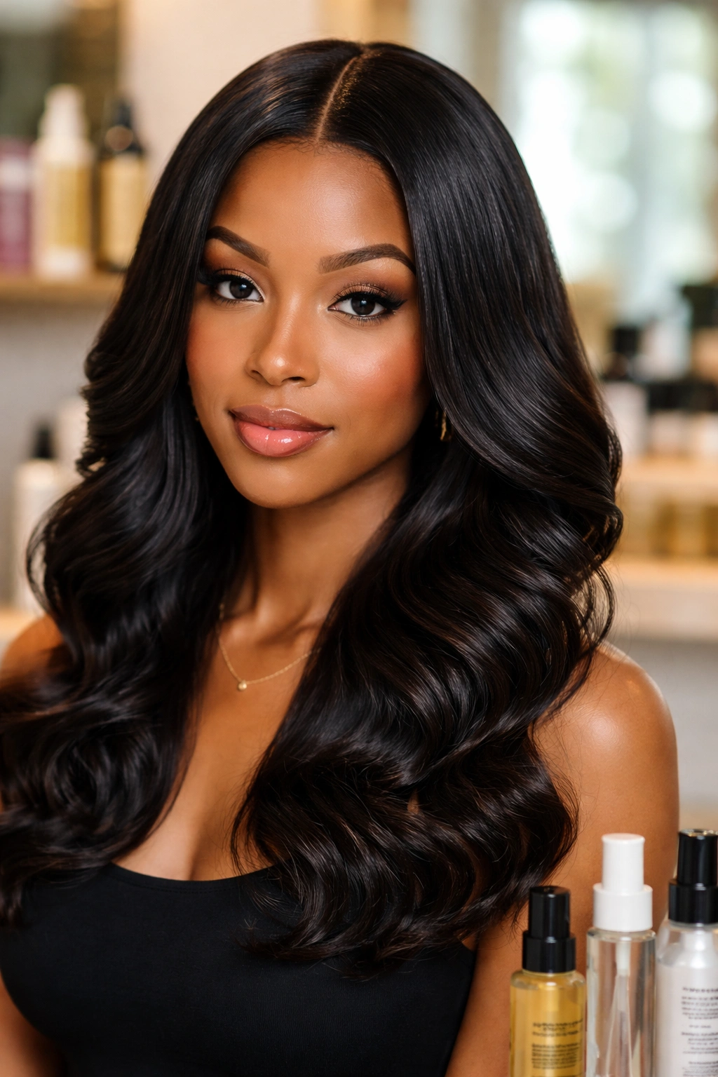 Real person with silk-pressed middle-part hair showing shine from products
