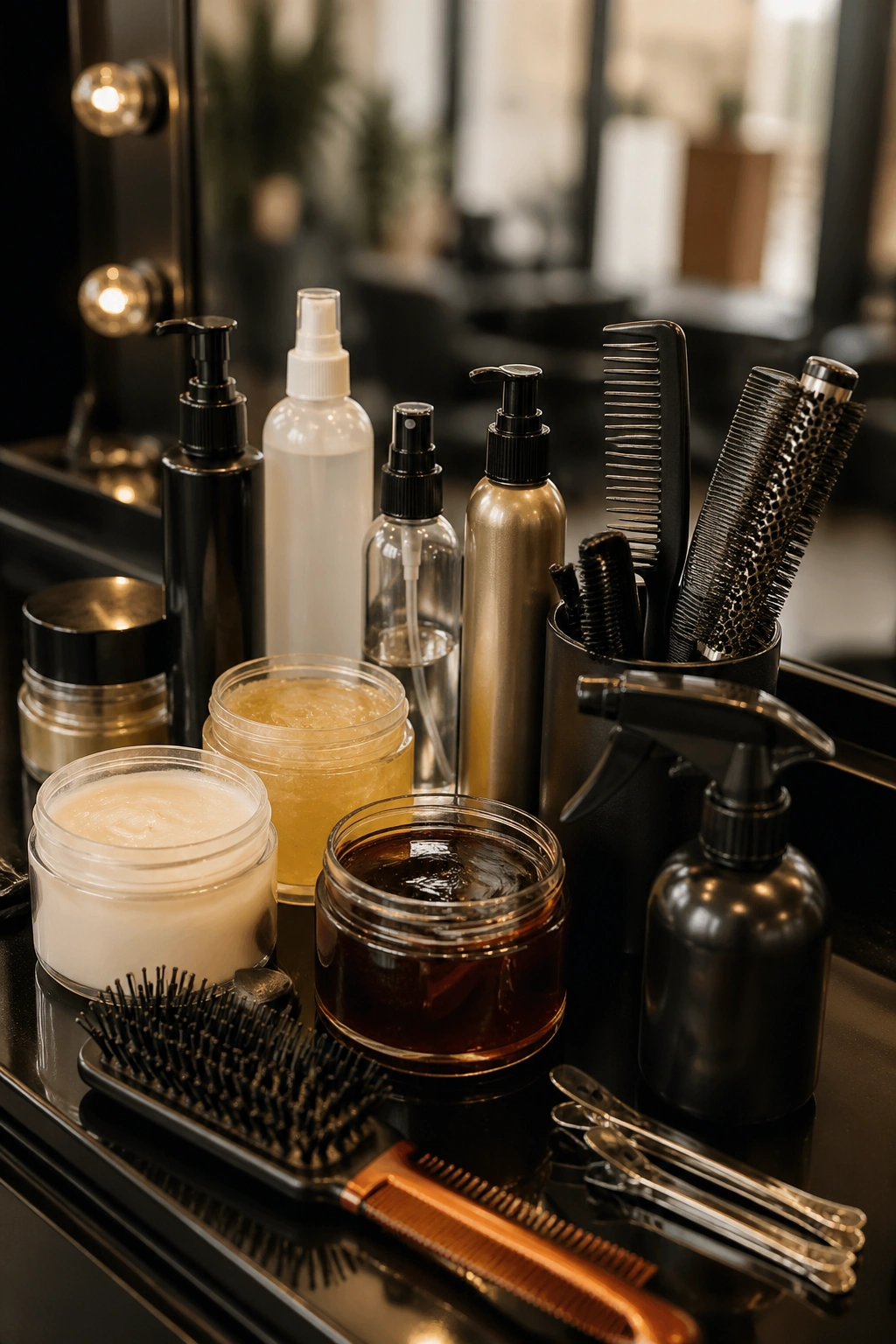 Close-up of unlabelled hair care containers and tools on a salon counter