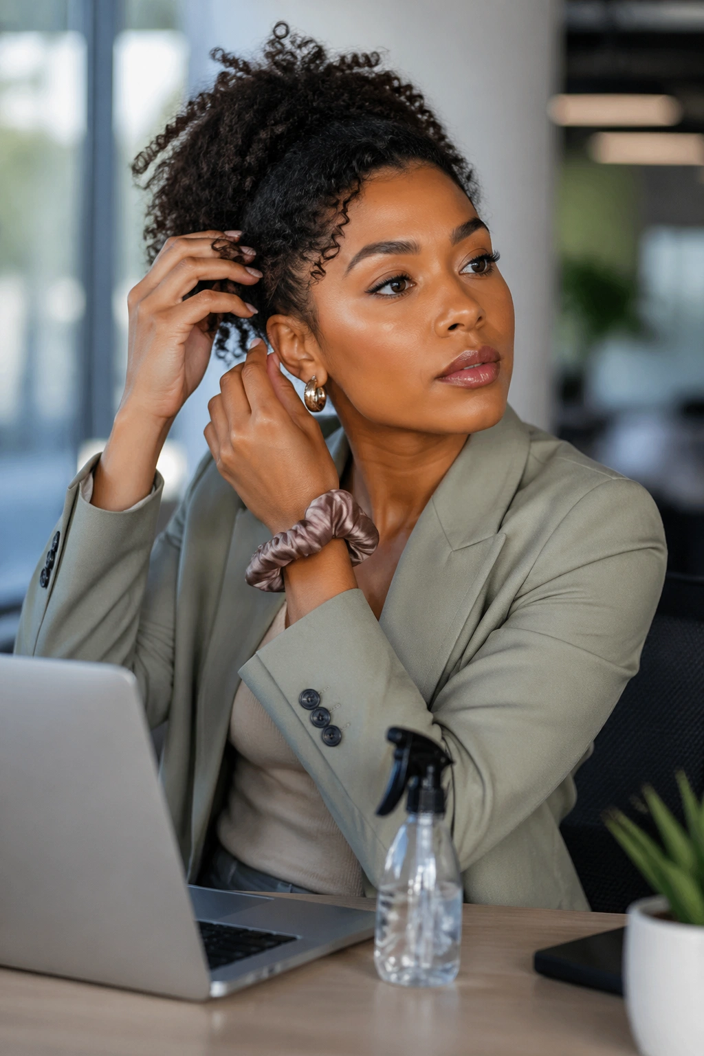 Real person at desk protecting hair during workday with satin scrunchie and spray bottle