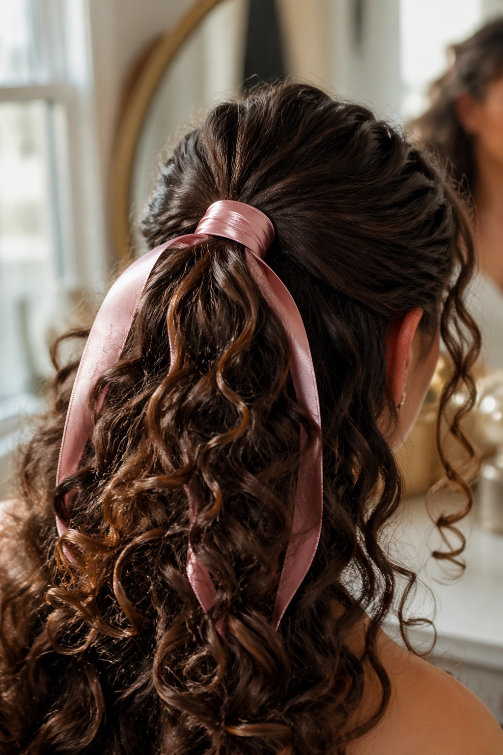Macro close-up of ribbon-wrapped half pony with curls in a softly lit bedroom vanity.