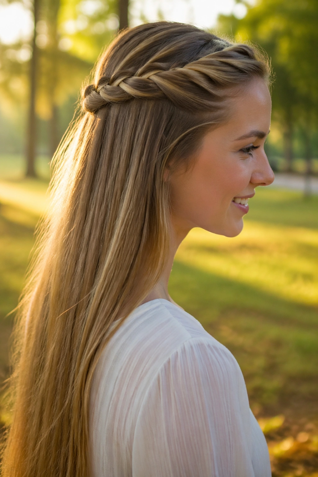 Rope twist crown hairstyle in outdoor golden hour light