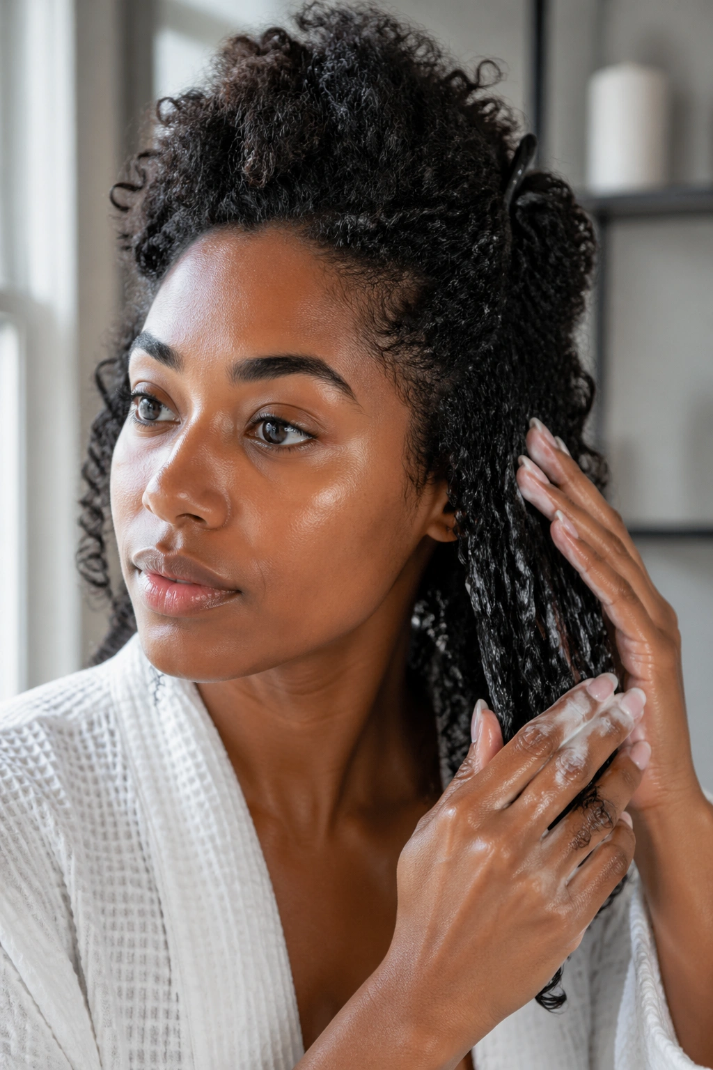 Close-up of Black woman applying leave-in conditioner to moisturized curls