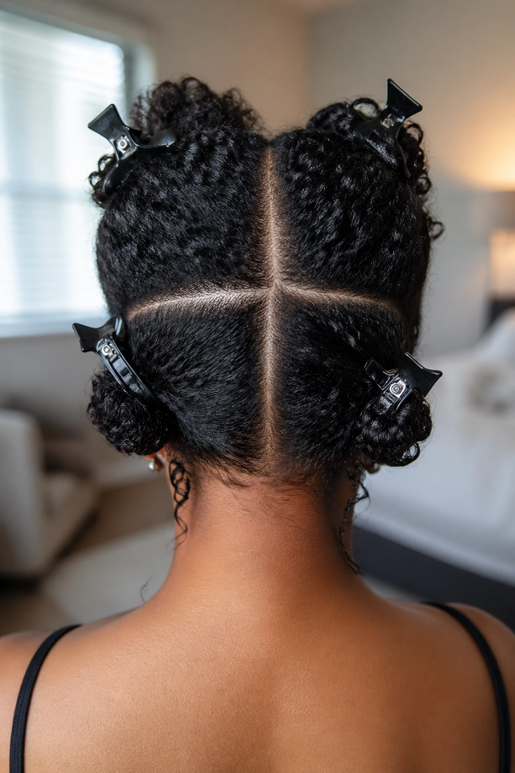 Back view of real woman with hair sectioned into four sections for straw curls