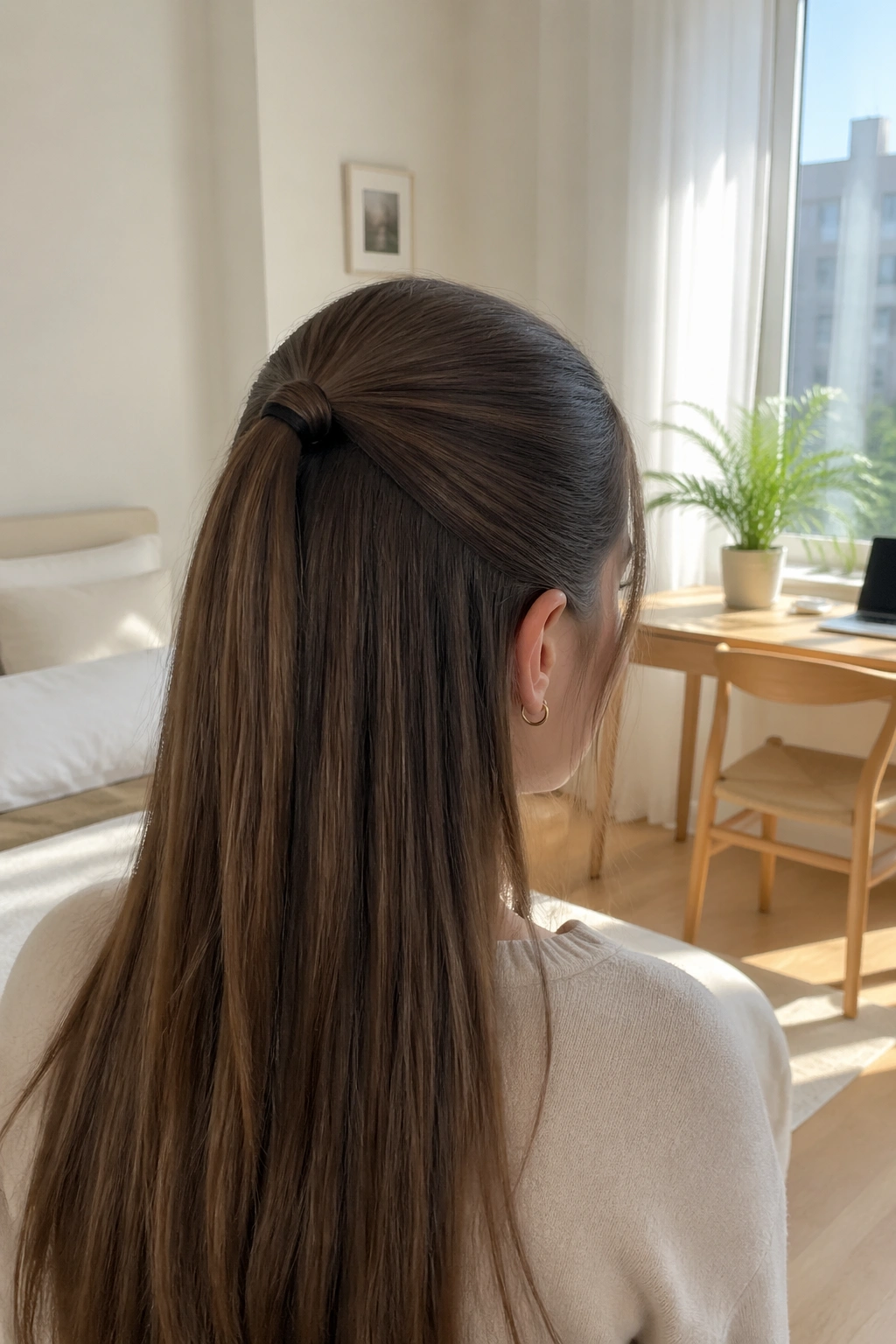 Sleek half ponytail with wrapped elastic in bright room