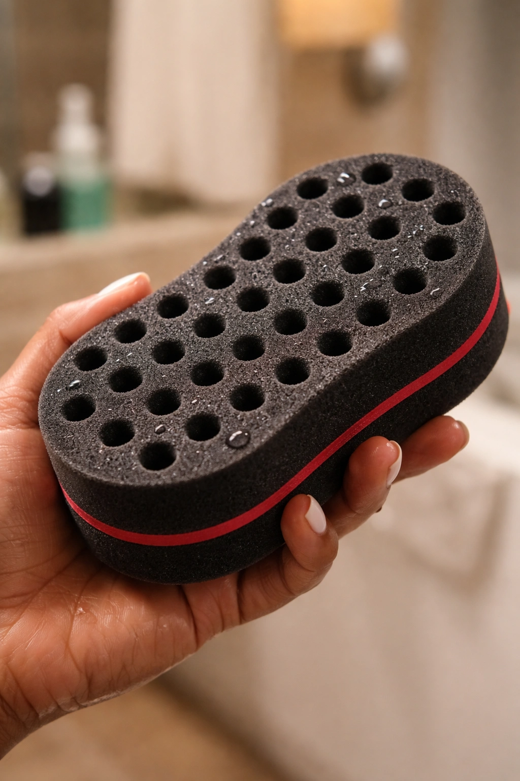 Close-up of curved-hole hair sponge held in hand
