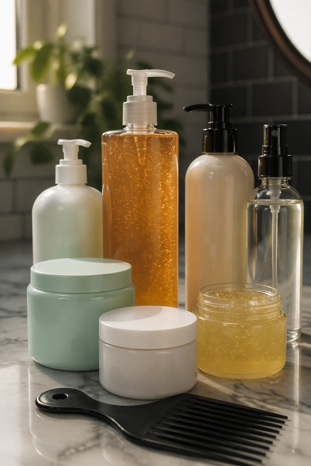 Close-up of unlabeled styling product bottles on a marble bathroom counter.