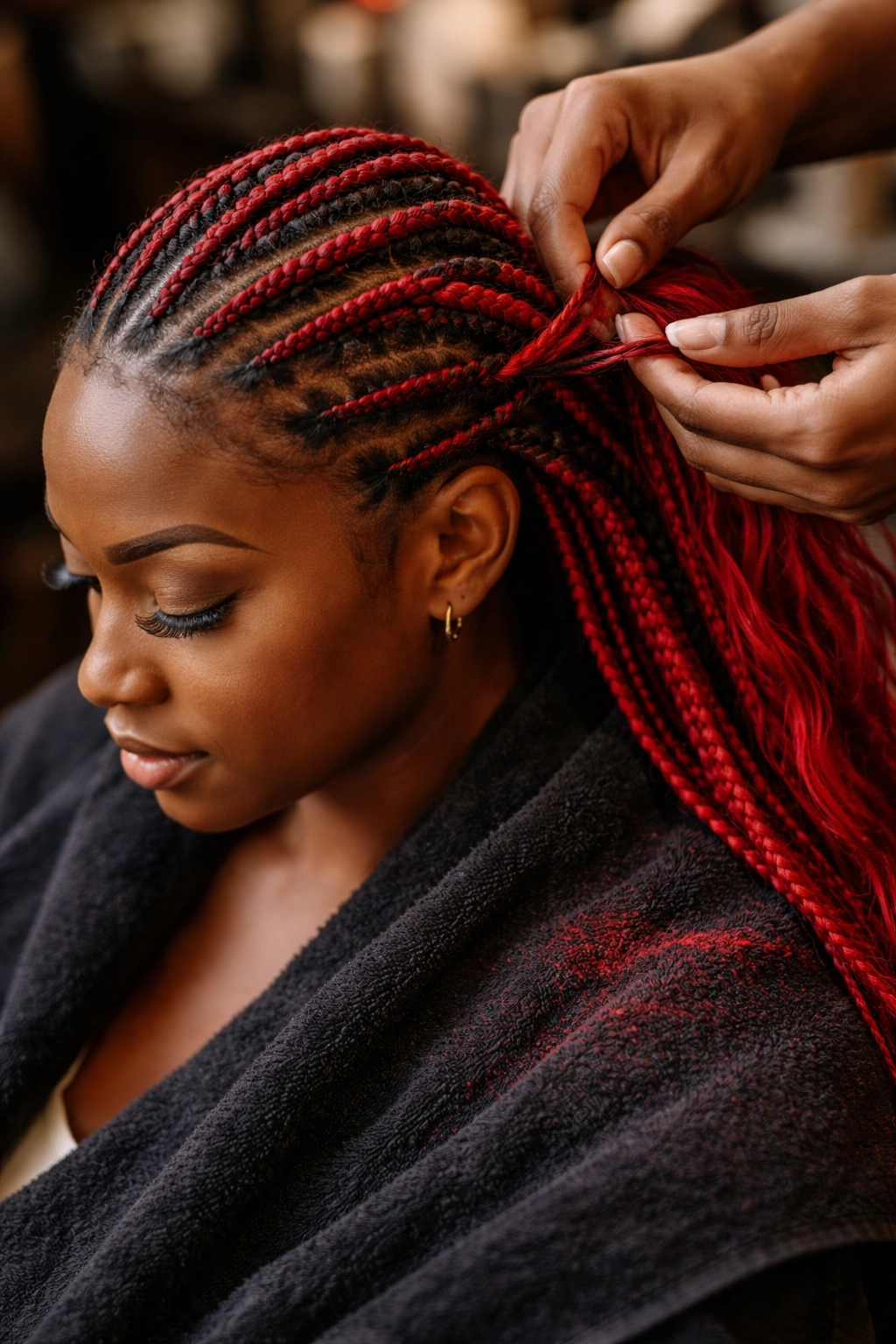 Close-up of a real person during red kanekalon cornrow takedown with color transfer on dark towel