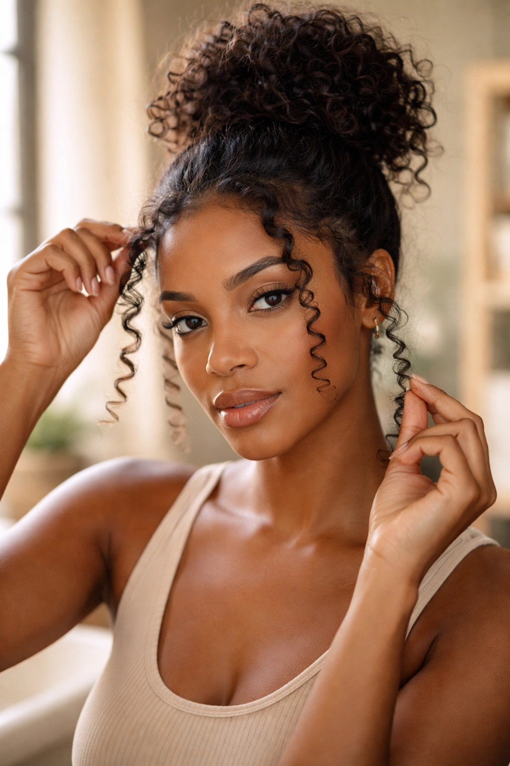 Close-up of a real woman pulling face-framing curls away from a bun to show technique