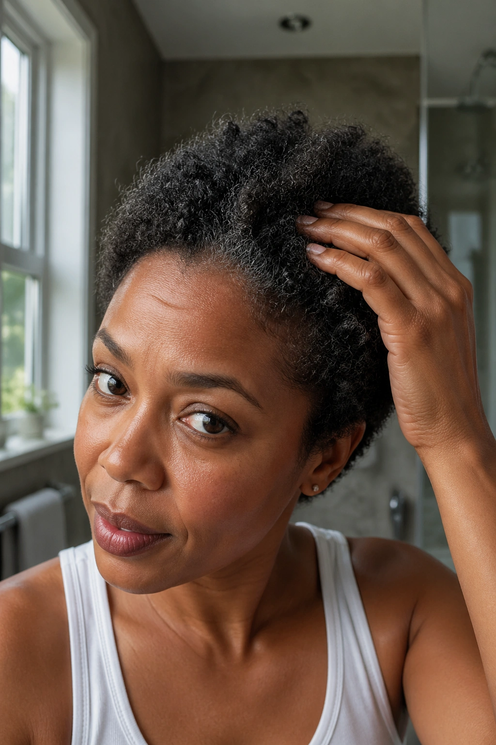Close-up of a real woman over 30 showing subtle hair texture and curl changes at the crown.