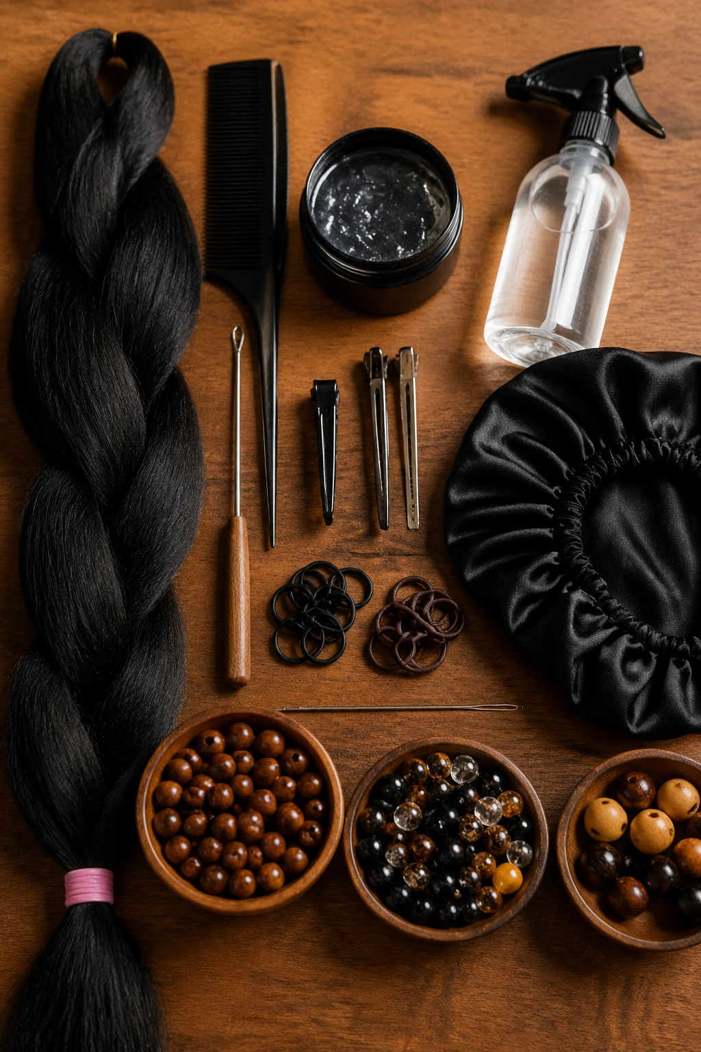 Top-down view of Fulani cornrow tools and beads arranged on a counter