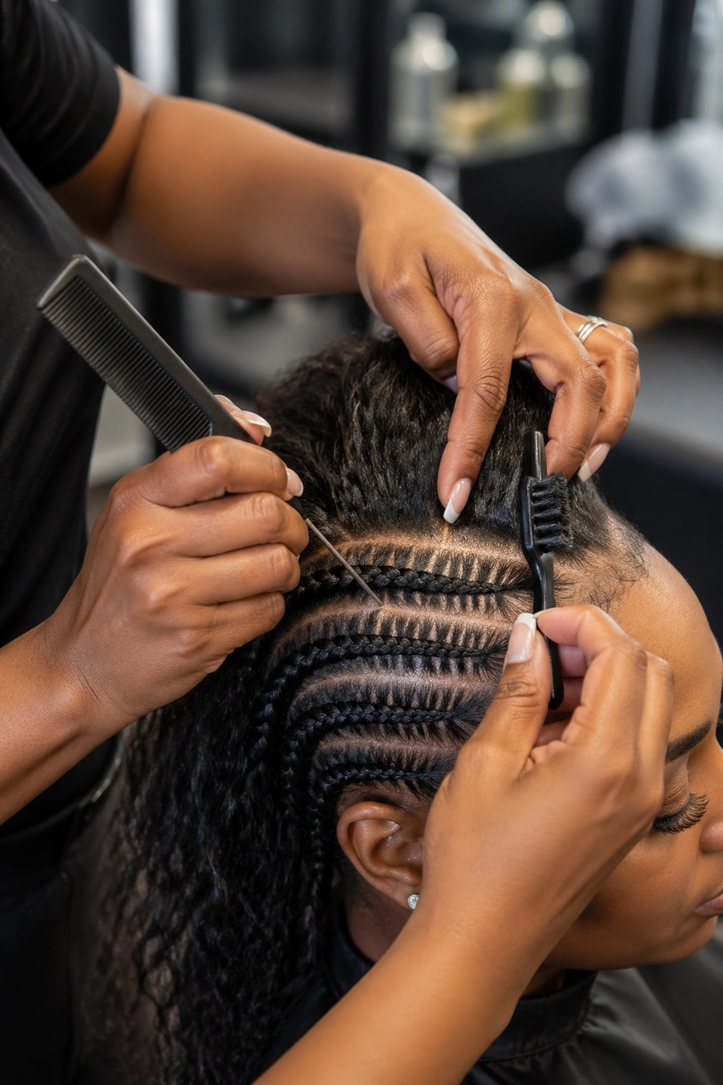 Hands using comb and brush during cornrow prep