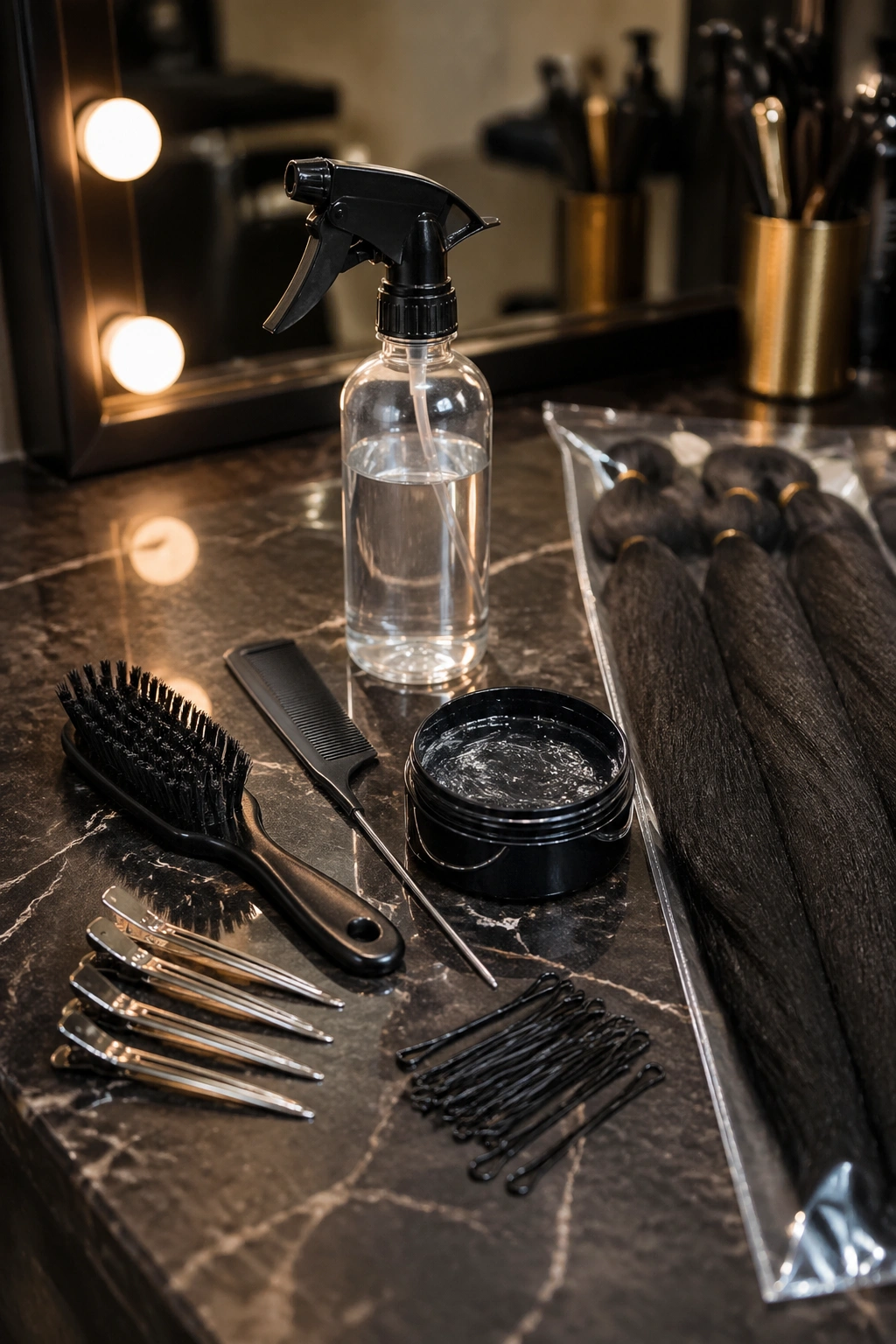 Still-life close-up of hair tools for cornrow mohawk installation