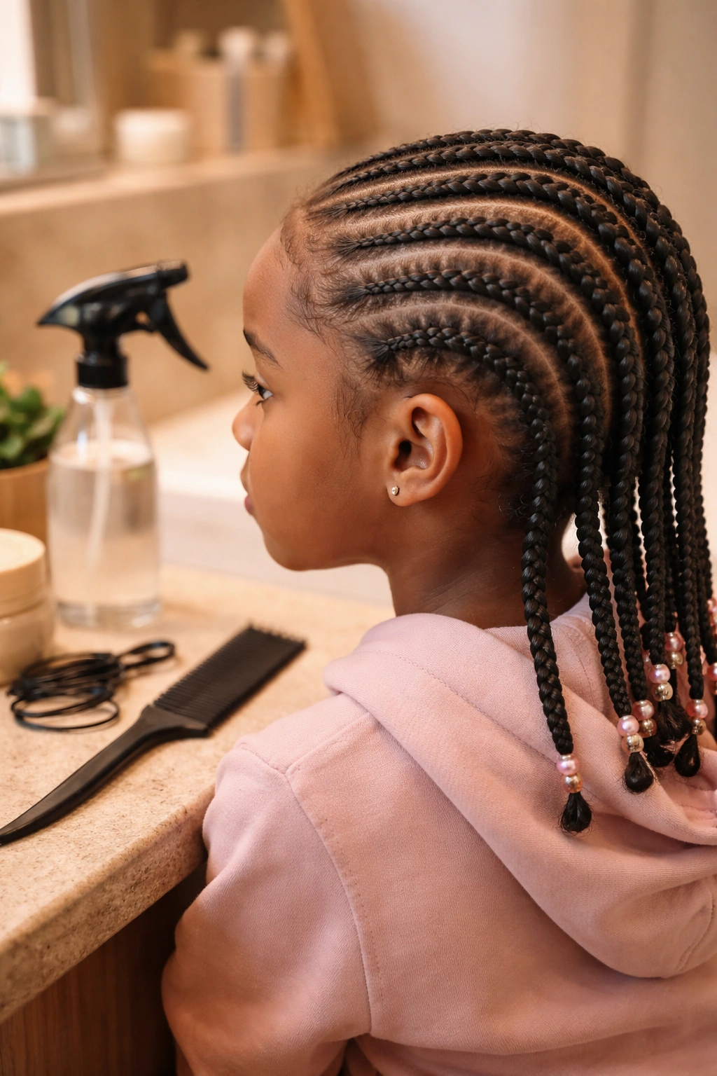 Girl's head with cornrows and hair tools visible nearby