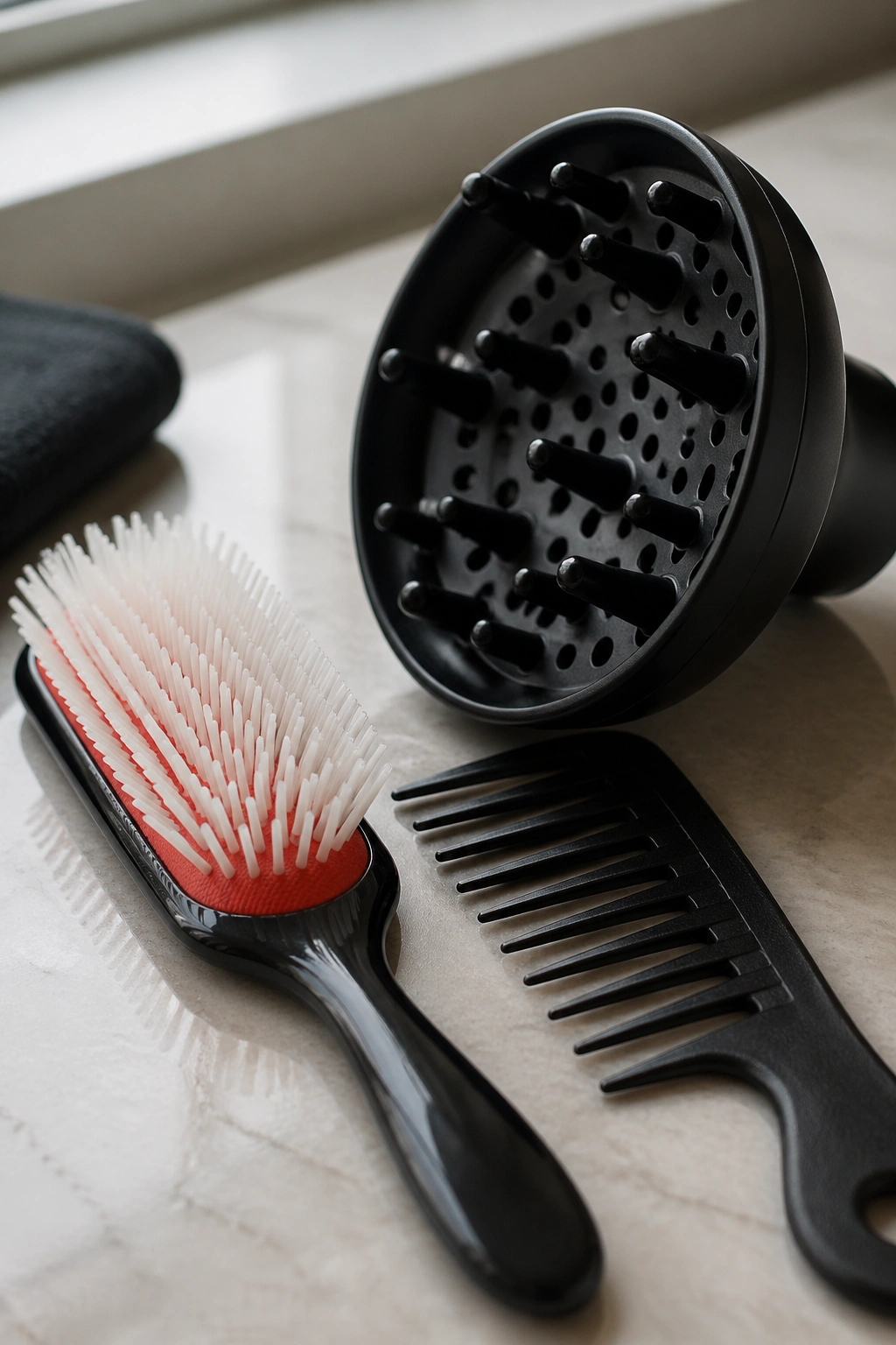Close-up of natural-hair tools including Denman brush and wide-tooth comb