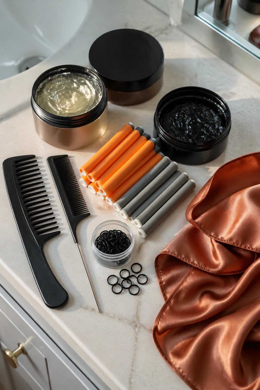 Top-down view of hair tools and products arranged on a bathroom vanity