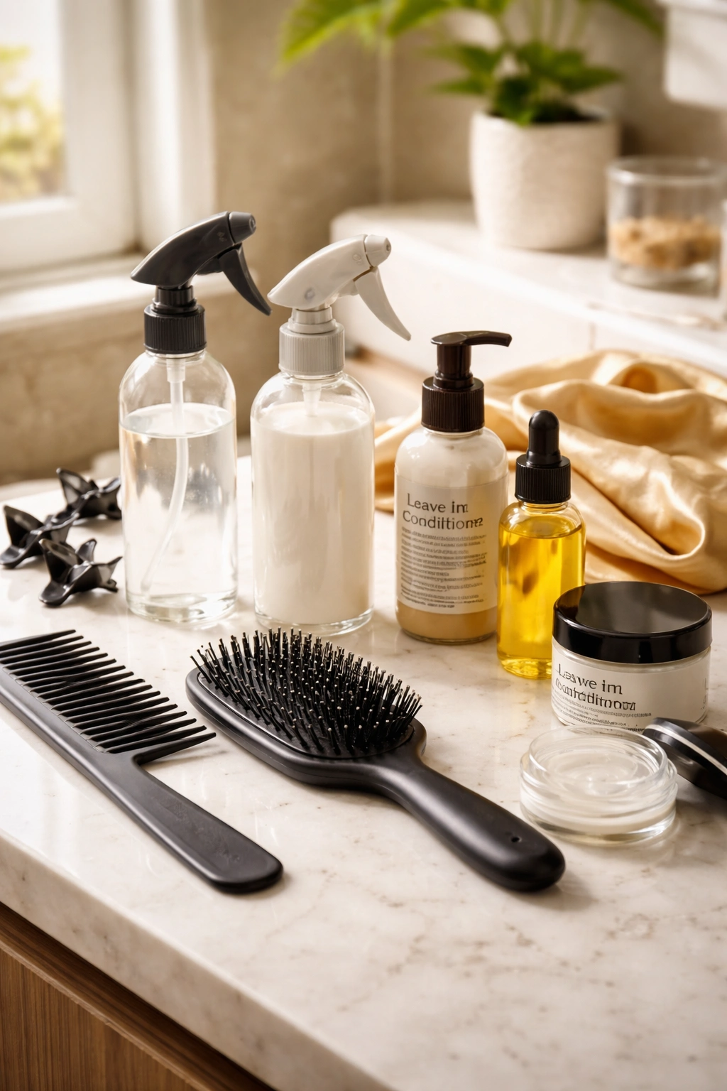 Close-up of essential hair-care tools and four core products arranged on a bathroom counter