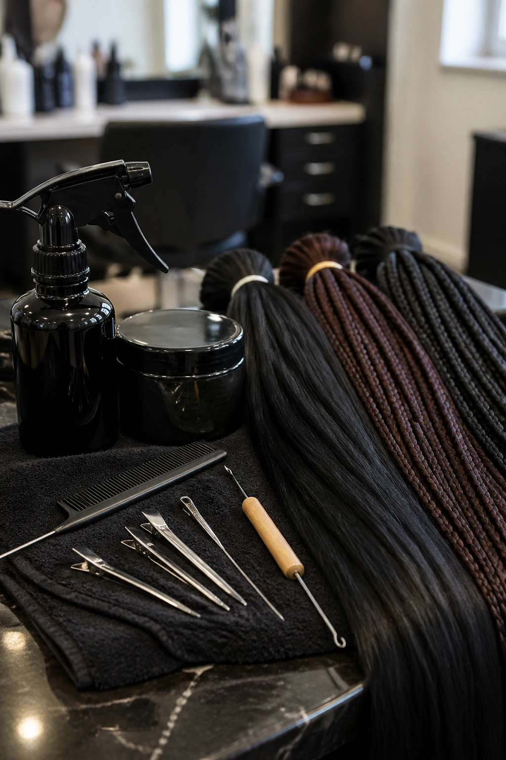 Close-up of hair tools for cornrow and box braids.