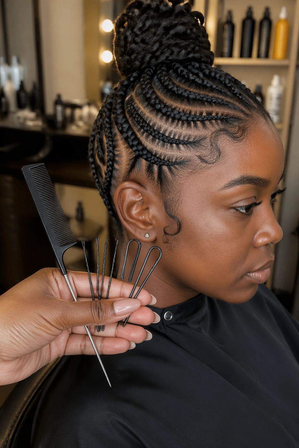 Close-up of a real person in a salon chair with hair tools visible for cornrow updos
