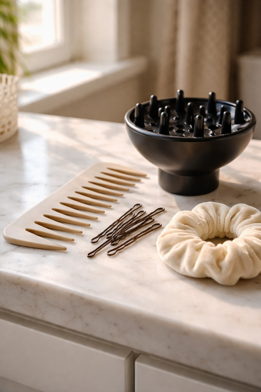 Close-up still life of hair tools including a wide-tooth comb, pins, diffuser, and scrunchie on a bathroom counter