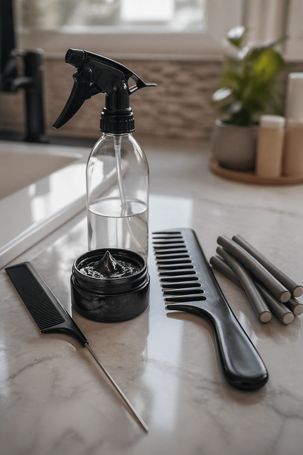 Close-up of five essential hair tools: rat-tail comb, spray bottle, edge gel, wide-tooth comb, and flexi rods.