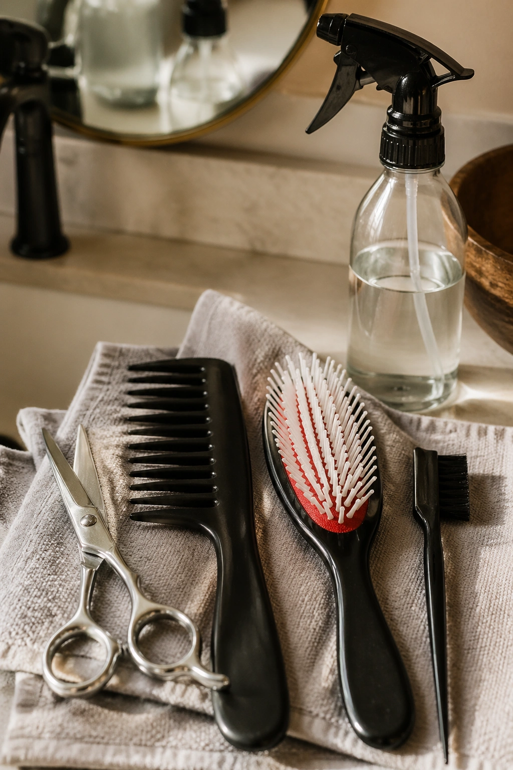 Close-up of a toolkit with professional hair tools on a bathroom counter
